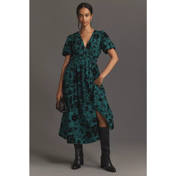 NWT Anthropologie The Katerina Button-Front Dress $198 XXS 00 Dark Green Floral - Picture 1 of 7